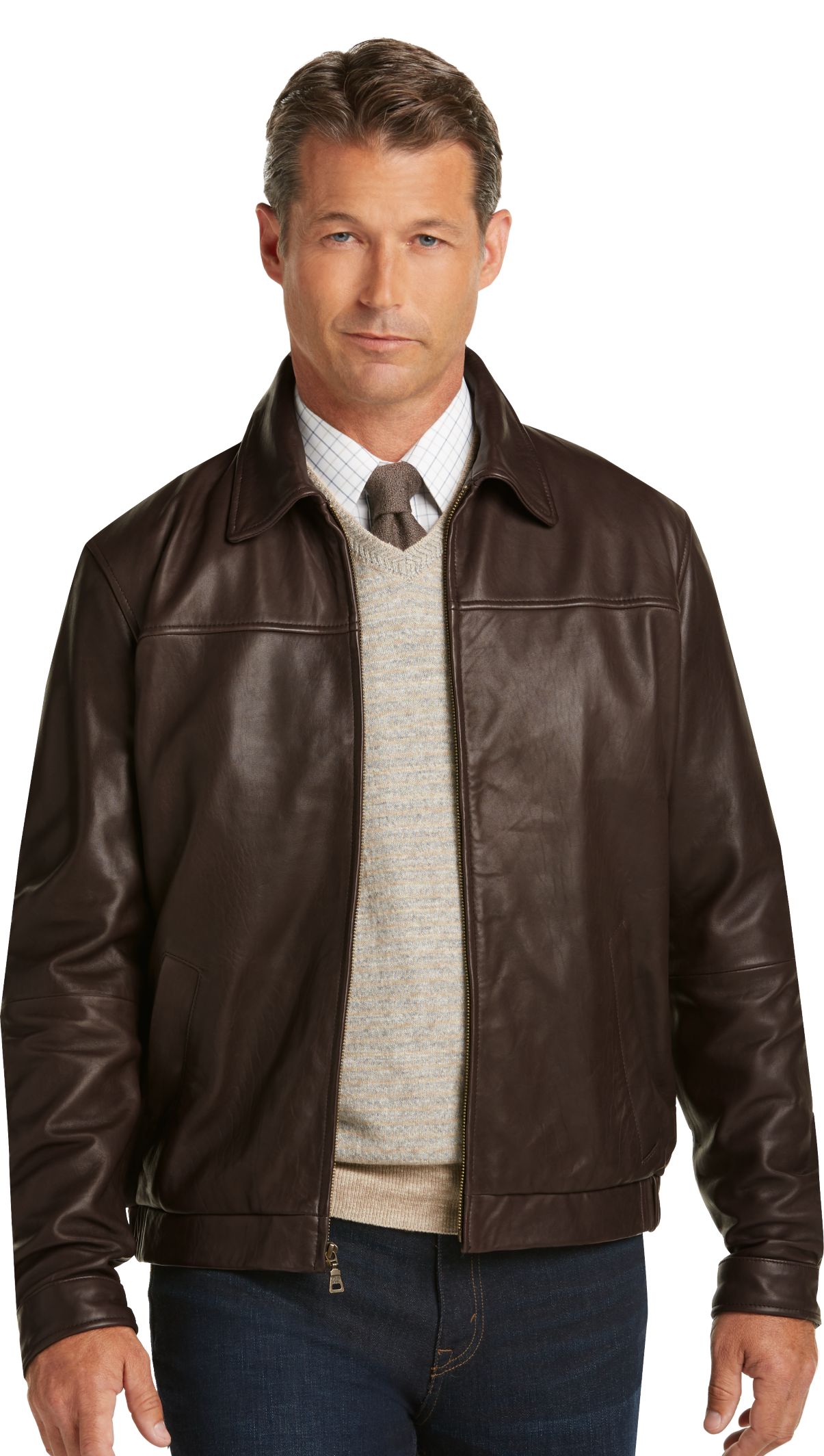 Signature Collection Traditional Fit Leather Bomber Jacket - Big & Tall CLEARANCE - All ...