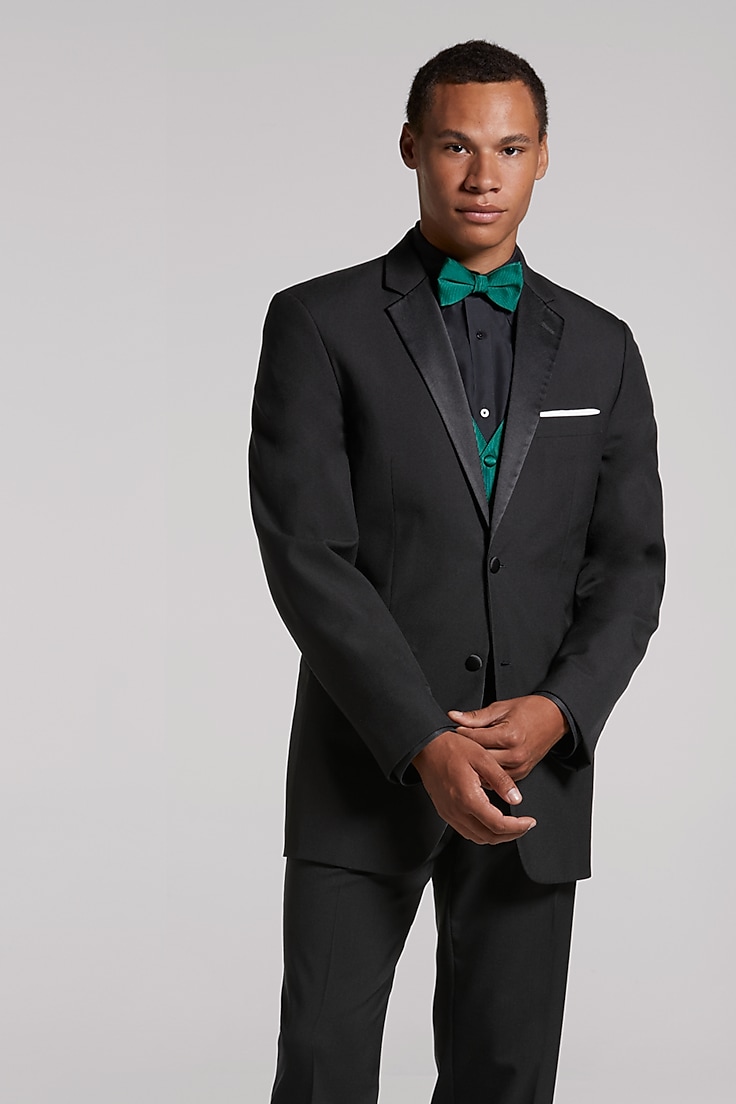 black suit with dark green shirt