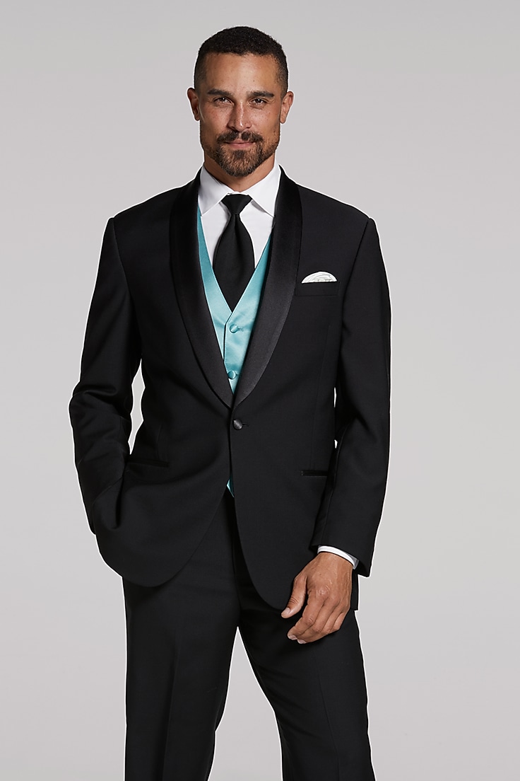 teal bow tie with black suit